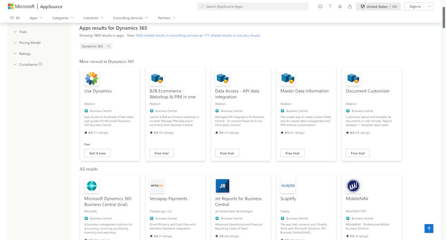 Several third-party app integrations for Microsoft Dynamics 365 on the AppSource marketplace.