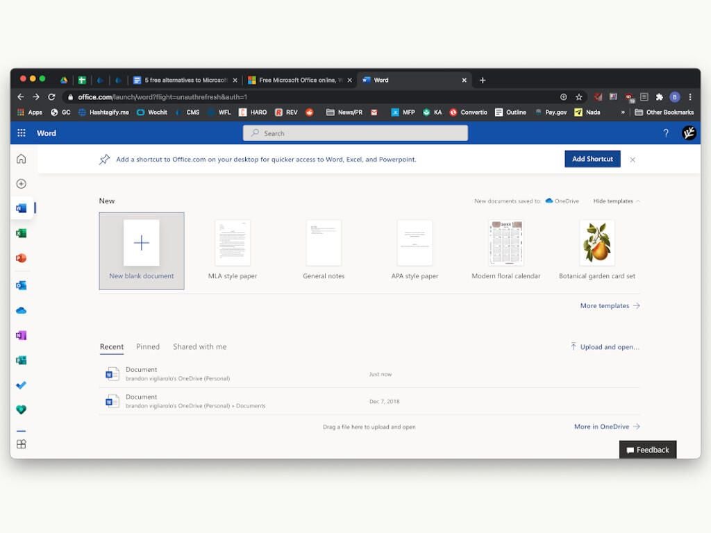 Microsoft Word Online dashboard